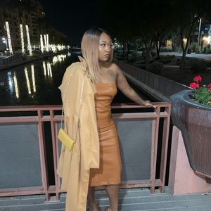 Strapless Brown Faux leather midi dress